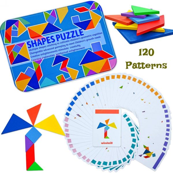 Geometric Tangram Puzzle Set – 120 Patterns, Wooden Shapes, STEM Learning Toy for Kids