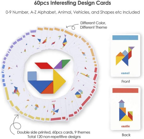Geometric Tangram Puzzle Set – 120 Patterns, Wooden Shapes, STEM Learning Toy for Kids